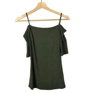 Heart & Hips Green & Black Stripe Cold Shoulder Short Sleeve Top M